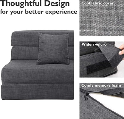 ANONER 60" Fold Sofa Bed Couch Memory Foam with 2 Pillows Futon Sleeper Chair Guest Bed and Fold Out Couch, Washable Cover Queen Size, Dark Gray