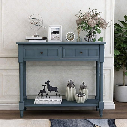 Bellemave Console Table with Drawers, Retro Entryway Table with 2 Drawers and Open Storage Shelf, Narrow Long Sofa Table, Behind Couch Table for Living Room, Foyer and Hallway,Navy