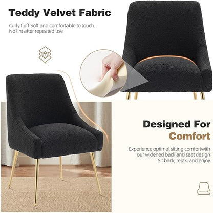 Dining Chairs Medieval Modern Restaurant Chairs, Soft Cushions, Teddy Velvet, Polished Gold Metal Legs, Kitchen Chairs, Living Room Black 6-Piece Set