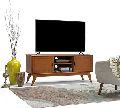 SIMPLIHOME Draper SOLID HARDWOOD 60 inch Wide Mid Century Modern TV Media Stand in Teak Brown For TVs up to 65 inches for the Living Room and Entertainment Center