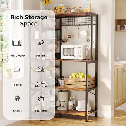 IRONCK Bakers Rack with Power Outlet, 5-Tier Corner Microwave Stand with Storage, Coffee Bar with 6 S-Shaped Hooks, Kitchen Shelves with Wire Basket