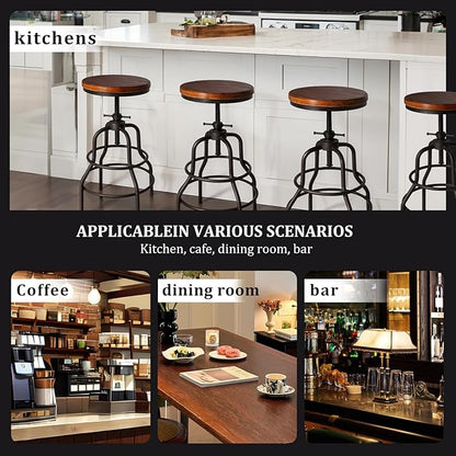 LOKKHAN Vintage Industrial Barstools - 13.8" Dia Round Wooden Brown Seat - Black Metal Base - Adjustable Height: 23.6"-29.5" / Minimalist Design/Raw Rustic Look/Rotating Top Bar Chairs, Set of 4