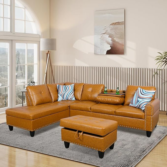 L Shaped Modular Sectional Sofa with Reversible Chaise Lounge, 5-Seater Corner Couch, PU Leather Convertible Sofá w/Movable Ottoman, Cup Holders, 2 Pillows and Rivet Ornament for Living Room