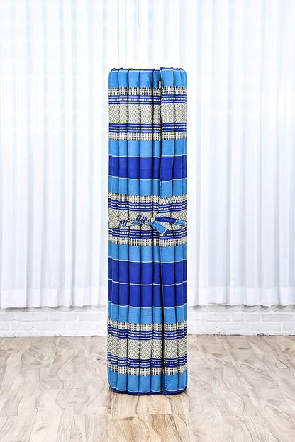 Leewadee - Foldable Floor Mattress - Japanese Roll Up Futon -Trifold Tatami Mat- Guest Floor Bed - Camping Mattress - Thai Massage Mat, Kapok Filled, 75 x 57 inches, Blue