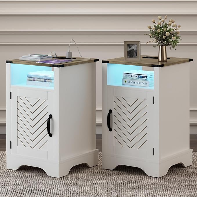 RoyalCraft Farmhouse Nightstand Set of 2, White Night Stand with LED Lights and Charging Station, Bedside Table Set of 2 with Storage and Door, Wood End Table for Bedroom, Home Office, Antique White