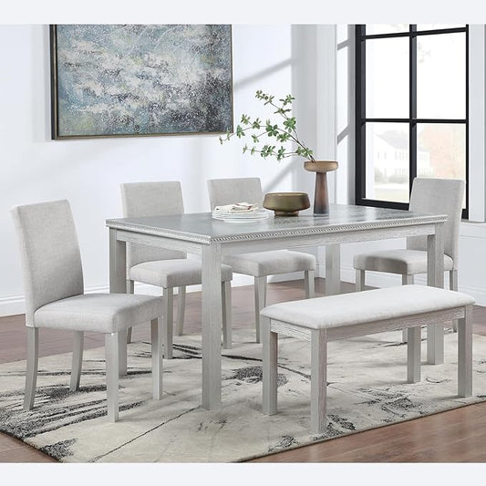 KEIKI 6-Piece Standard Height Dining Table Set with Rectangular Table, 4 Upholstered Chair, Bench, for 6 Person, Crystal Decoration Table Set, Easy Assembly, for Kitchen, Dining Room, Silver Grey