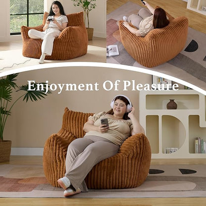 Giant Plush Bean Bag Chair for Adults with Armrests - Oversized Comfy Orange Beanbag Lounge Lazy Floor Sofa Accent Chair for Living Room, Bedroom & Dorm, Cozy Fluffy Single Cloud Mini Couch