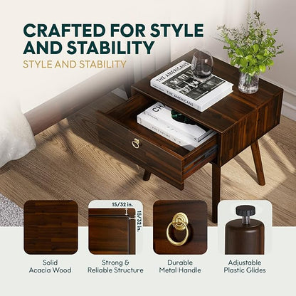 Bme Alden Wood Nightstand, Solid Wood End Table, Mid Century Modern Nightstand, Side Table with 1 Drawer, Compact for Bedroom, Living Room & Study Room, Easy Assembly, Walnut