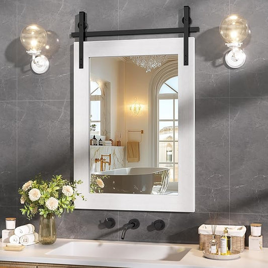 Hasipu Farmhouse Bathroom Mirror, 22"x30" Rustic Wood Framed Wall Mounted Mirror, White Vintage Vanity Mirror Barn Door Style Decrative Mirrors