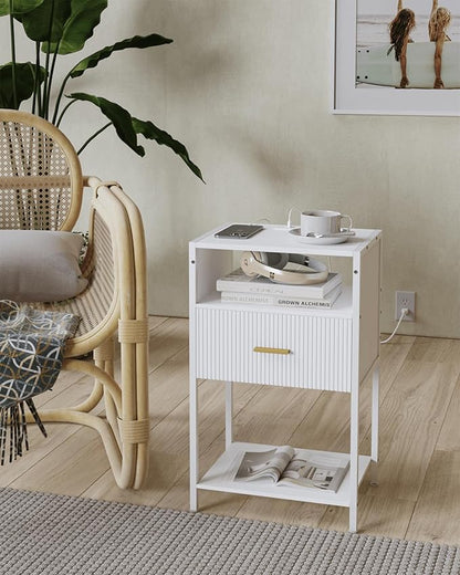 White Nightstand with Charging Station, Fluted Side Table with Drawer, Modern Bedside Table with Open Shelves for Living Room, Bedroom