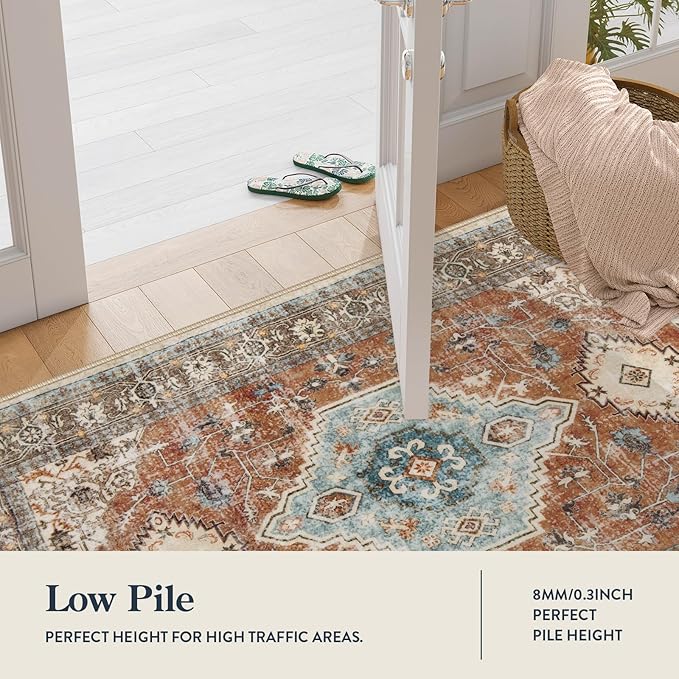 Lahome Oriental Hallway Runner Rug, 2.5x8 Kitchen Runner Non Slip Ultra-Thin, Soft Washable Hallway Rug Non Shedding Long Carpet for Entryway ‎Laundry Room Bathroom, Orange/Multi