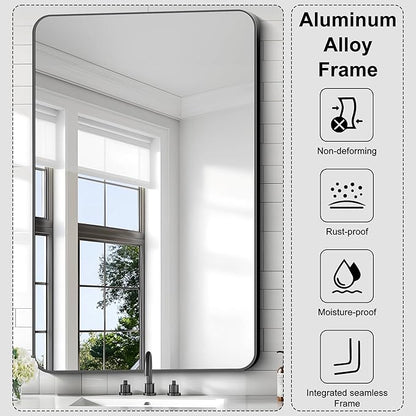 KOCUUY Black Bathroom Vanity Mirror, 30 x 48 inch Metal Frame Mirror with Rounded Corner, Rectangle Design of Upgraded Shatterproof Glass for Bathroom, Bedroom, Living Room, Entryway