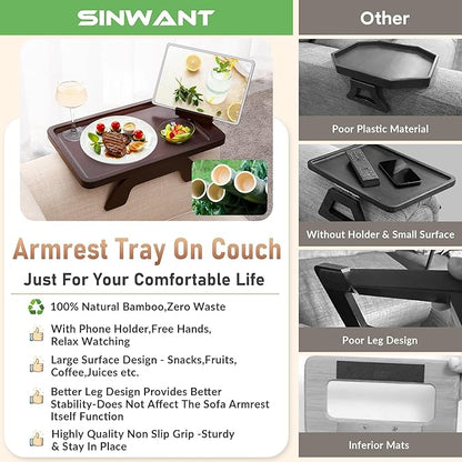 SINWANT Couch Armrest Table, Large Bamboo Couch Arm Table 360° Phone Holder,Foldable Sofa Arm Tray for Eating Drinking Snacks Remote on Chair Armrest