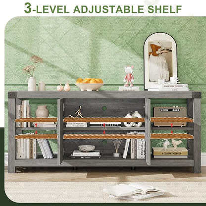 IDEALHOUSE TV Stand for 65 Inch TV, 60 Inch Entertainment Center with Storage, Farmhouse TV Console Table with Shelves,Doors, Modern TV Stand for Living Room, Bedroom - Grey