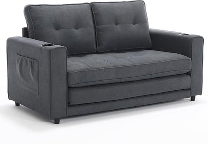 ERYE 3 Fold Tufted Upholstered Futon Sofa Bed Modern Convertible Foldable Floor Loveseat Sofabed with Pull Out Sleeper Couch Daybed W/Cupholders and Pockets for Living Room