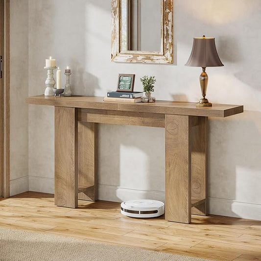 63-Inch Farmhouse Console Table, Narrow Long Sofa Table Behind Couch, Wooden Style Entry Console for Entryway, Foyer, Hallway, Living Room, Light Brown