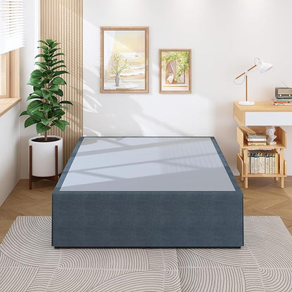 18 Inch Queen Bed Frame with Cover Skirt, Heavy Duty Steel Slat Support Metal Platform Bed Frame Queen Size No Box Spring Needed, Easy Assembly, Black and Blue