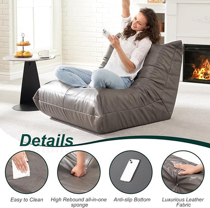 Hobestluk Giant Bean Bag Chair Lazy Floor Sofa, Memory Foam Fireside Sofa for Adults, Big Beanbag Faux Leather Armless Chair for Living Room Bedroom Dorm Office (Grey, Single)