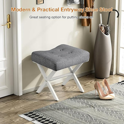 18-Inch Large Vanity Stool Chair, Vanity Bench with Metal X-Legs, Ottoman Foot Stool with Breathable and Soft Boucle Fabric Saddle Seat, Grey