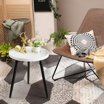 danpinera Round Side Table, Metal Legged Accent Table with Wooden Tray, Small Round End Table for Living Room, Bedroom, Nursery, White & Black