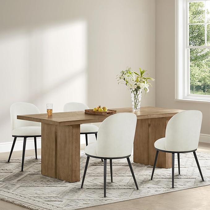 Dining Chairs Set of 6, Fabric Upholstered Dining Room Chairs with Ergonomic Backrest & Metal Legs, Modern Kitchen Side Chairs for Home, Restaurant, and Café, Ivory, 2 Boxs