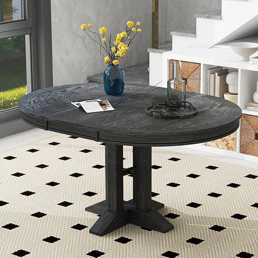 FULife Country Rustic Design Round Table with 14" Removable Leaf, Extendable Circular to Oval Solid Wood Tabletop with X-Shaped Trestle Legs, Space-Saving Kitchen-Tables for Dining/Living Room