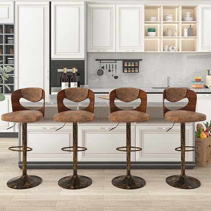 VECELO Bar Stools Set of 2,Kitchen Island Stools with Bentwood Back,Arm&Footrest,Counter Height Stools PU Leather Adjustable Height,Swivel Bar Chairs for Club Pub Dining Room,Dark Brown