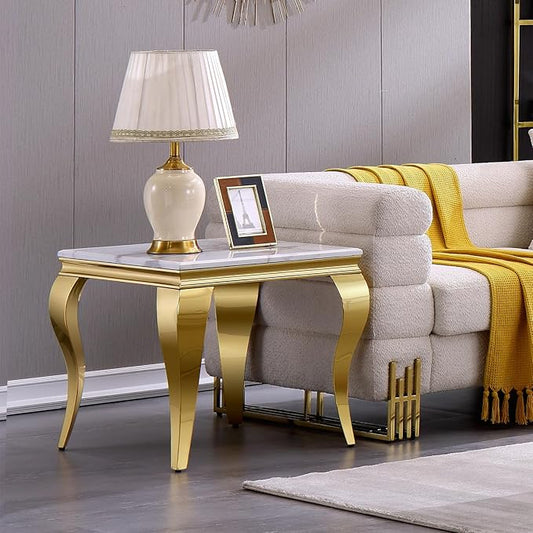 Gold End Table, Modern Square Living Room End Table with Mirrored Stainless Steel Cabriole Legs