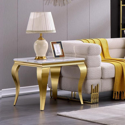 Gold End Table Set of 2, Modern White Living Room Side Table with Gold Metal Cabriole Legs, Square End Table for Sofa Couch, Living Room, Bedroom, Office