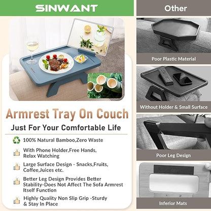 SINWANT Couch Arm Table, Bamboo Sofa Clip on Tray Tables,Sofa Armrest Tray with 360° Phone Holder,Couch Armrest Table for Eating and Drinking