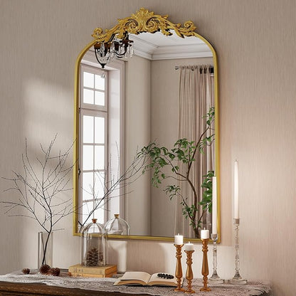Vintage Arched Bathroom Mirror, 24x36 Inch Retro Wall Mounted Vanity Mirror with Carved Pattern Top and Metal Frame, Gold Decorative Mirror for Hanging or Leaning