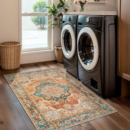 Tangsoo 2x3 Small Rug for Entryway, Washable Rugs Vintage Non Slip Small Area Rug, Indoor Front Door Rug, Print Distressed Door Mat Carpet, Soft Low Pile Rugs for Entry Entrance Kitchen Bedroom