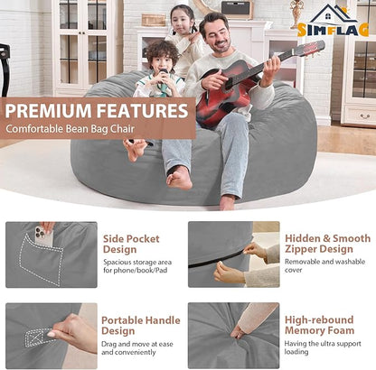 4FT Bean Bag Chair, Large Bean Bag Chairs with Memory Foam Filled, Fluffy Beanbag Sofa with Dutch Velvet Cover, Round BeanBag Chairs for Living Room, Playroom - Light Grey
