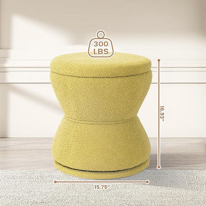 Ottoman with Storage, 360° Swivel Boucle Ottoman Vanity Stool, Upholstered Footstool with Storage Removable Lid, Modern Round Boucle Footrest Coffee Table for Living Room, Bedroom, Green