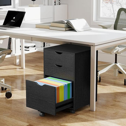 HollyHOME 3-Drawer Wood File Cabinet, Under Desk Cabinet for Home Office, Rolling Storage Shelf for Home, Printer Stand, for A4, Letter-Size Files, 11.8in Hanging File Folders, Black
