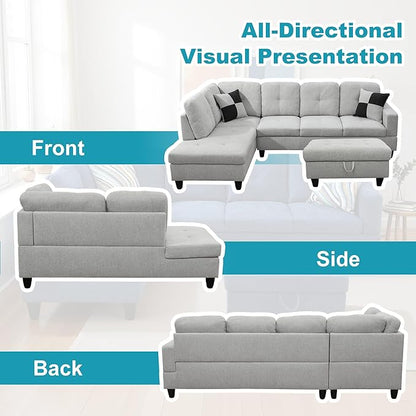 L Shaped Couch Modern Sectional Couch Upholstered Flannel Fabric 3 Pieces Sofas for Living Room with Chaise, Storage Ottoman for Office and Small Apartment, Light Grey
