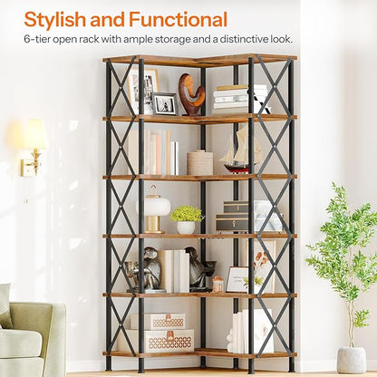 HOOBRO Corner Bookshelf, 6-Tier L-Shaped Bookcase, Industrial Open Display Shelf Tall Storage Organizer, Vertical Storage Rack, for Living Room, Home Office, Rustic Brown and Black BF61SJ01