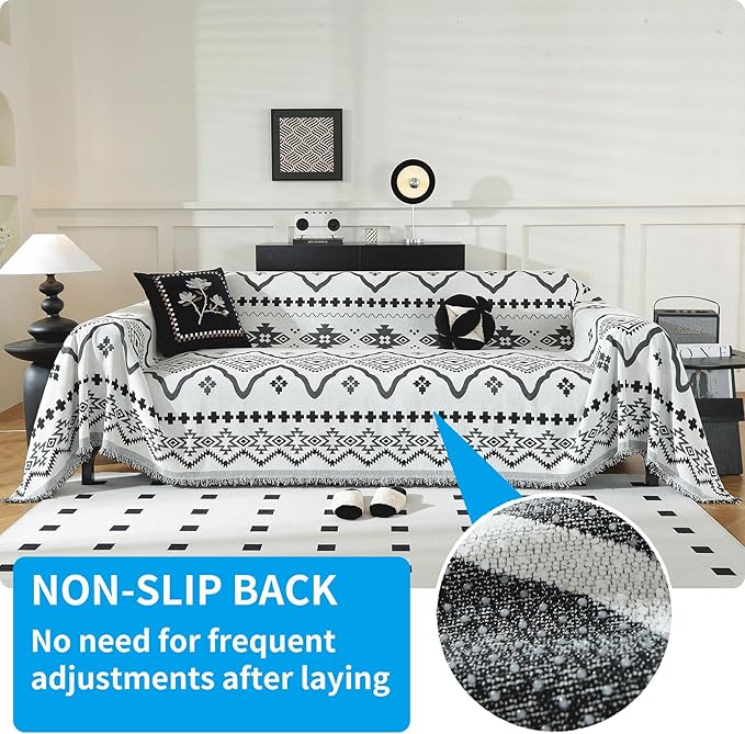 LUFEIJIASHI Boho Couch Covers for Sofa Non Slip Sofa Covers Washable Couch Covers for 3 Cushion Couch Sofa Pet Friendly Sectional Couch Cover Blanket Furniture Protector for Dogs (Black, 91"x134")