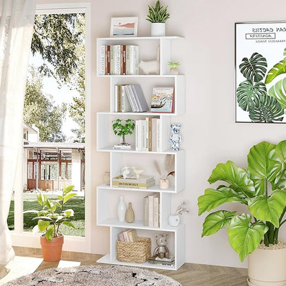 Yusong S Shaped Bookshelf, Modern Geometric Bookcase, 6-Tier White Display Case Book Shelf