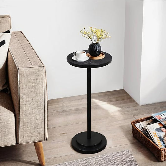 Drink Table, Carved Table Top Martini Table, Small Side Table, Weighted Base Pedestal Table for Living Room, Bedroom, Modern, Black, 1-Pack