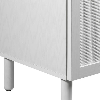 Sango Orre 2-Door Cabinet, Modern White Storage Cabinet with Synthetic Rattan Door Panels, Adjustable Shelf, Cylindrical Wood Legs, Discreet Finger Pulls, Elegant Furniture for Office or Living Room