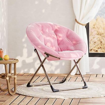 Comfy Saucer Chairs, Pink Folding Reading Lounge Chair, Cozy Faux Fur Living Room Chair with Soft Thick Padded Seat & Metal Frame, Modern Style Bedroom Home for Kids Adults, X-Large, Gold Legs