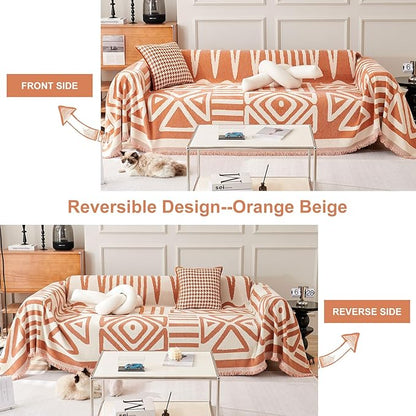 STACYPIK Reversible Caramel Sofa Cover Boho Triangle Couch Covers Non Slip Multi-use Furniture Protector for 2 Cushion Couch Jacquard Sofa Slipcovers Loveseat Couch Cover for Dog Pet-Friendly-71X118IN