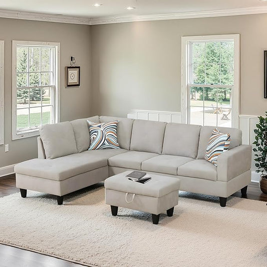 NicBex Sectional Couch 3 Pieces Sofa Set with Right Chaise Flannel L Shaped Cloud Couch for Living Room Furniture Sets with Storage Ottoman, Modular Sofa for Living Room & Apartment, Off-White