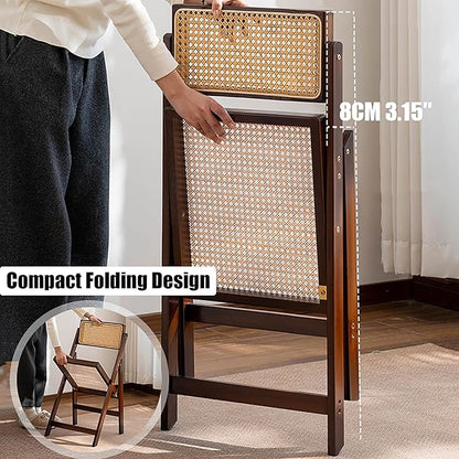 KISKIS Wooden Rattan Folding Chairs Portable Save Space Kitchen Dining Chair for Balcony Living Room, with Mesh Elastic Seat and Curved Back, 400LBS,2 Pack