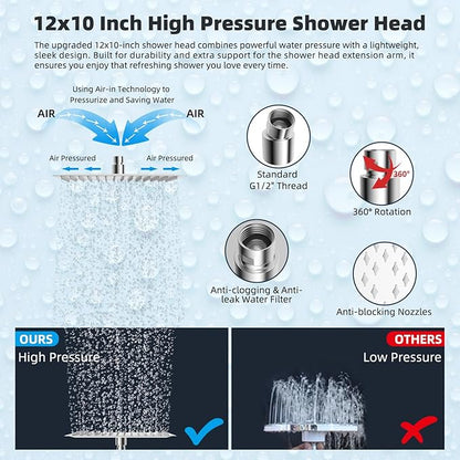 Hibbent All Metal 12'' Rainfall Shower Head, Dual Shower Head Combo, High Pressure Handheld Shower Wand, 16'' Adjustable Arc-shaped Shower Extension Arm, 71'' Hose, Showerhead Holder, Chrome