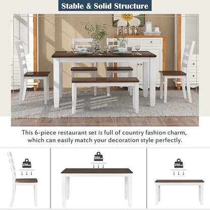6 Pieces Dining Table Set with 1 Bench & 4 Ergonomic Designed Chairs,Wooden Living Room Furniture W/ 60" Rectangle Kitchen Desk,for Restaurant,Home Bistro,Walnut+Cottage White