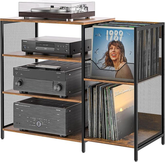 Large Record Player Stand Table with Vinyl Record Holder Up to 150PCS, AV Media Stand Stereo Cabinet Shelf Rack Tower with Storage, Sturdy, Adjustable Feet, Rustic, Large Capacity