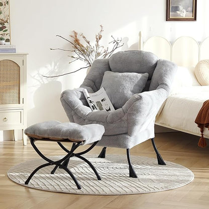 Lazy Chair with Ottoman, Modern Large Accent Lounge Chair with a Pillow, Leisure Sofa Armchair, Reading Chair with Footrest for Bedroom, Living Room,Plush White Gray