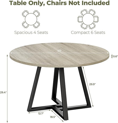 IRONCK 43" Round Dining Table for 4, Wood Kitchen Table with Metal Base, Space Saving Industrial Circle Dinner Table for Kitchen Dining Room, Gray